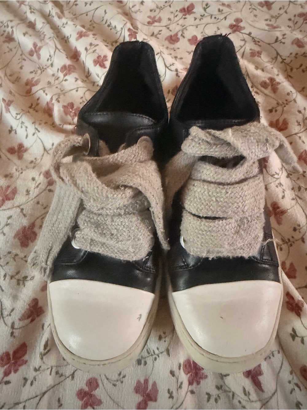 Rick Owens Black and White High-Top Sneakers with Cream Knit Laces